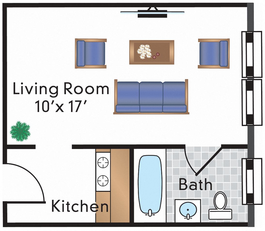 Floor plan for studio, 1 bath, 300 sqft